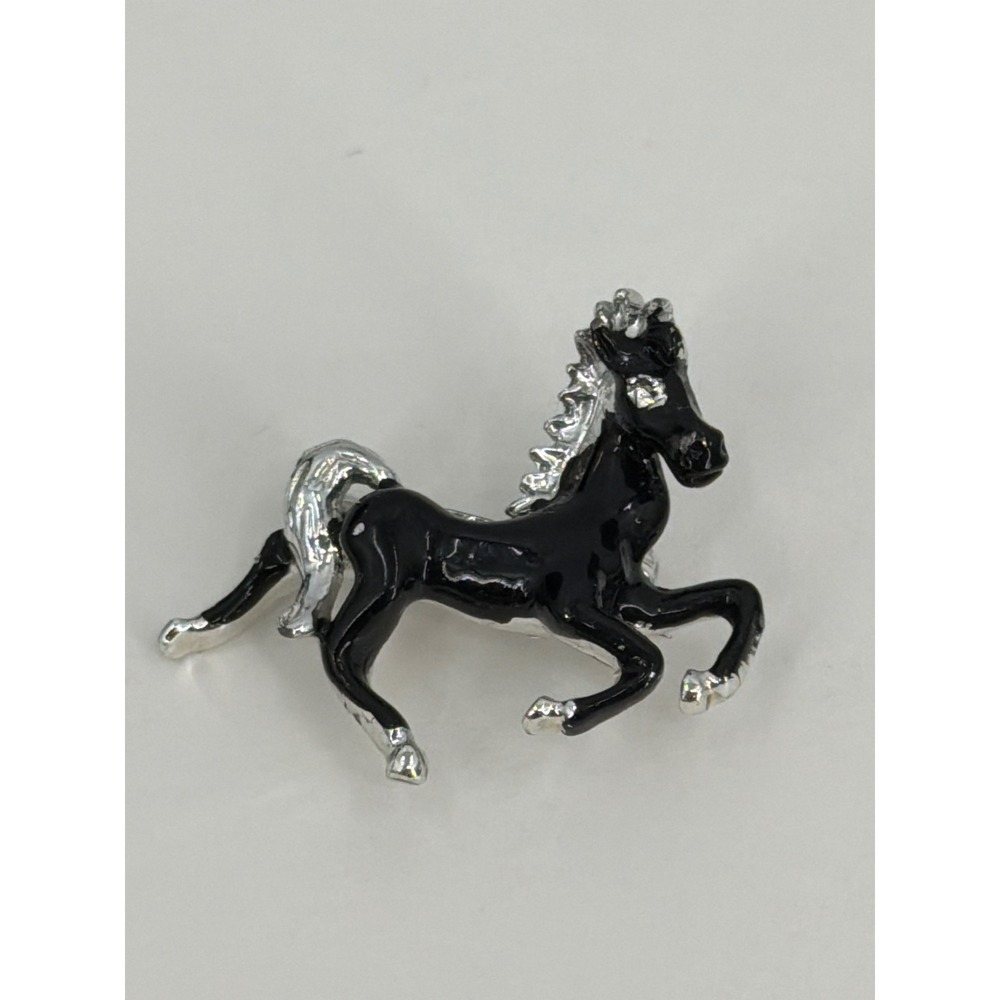 Vtg Black Enamel Horse Brooch Silver Tone Rearing‎ Stallion Pin Rhinestone Eye